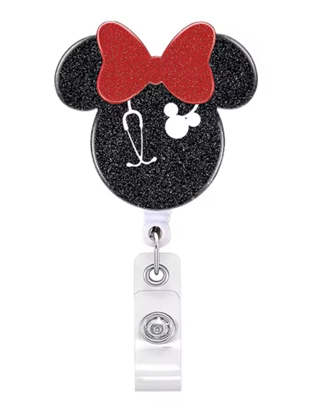 Black Glitter Minnie Head Badge Reel with Red Bow